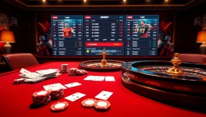 Sbobet login interface displayed alongside a luxurious gambling table featuring cards and poker chips.