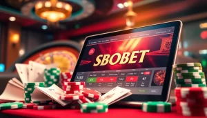 Sbobet login interface displayed among vibrant casino elements, exciting online betting scene.