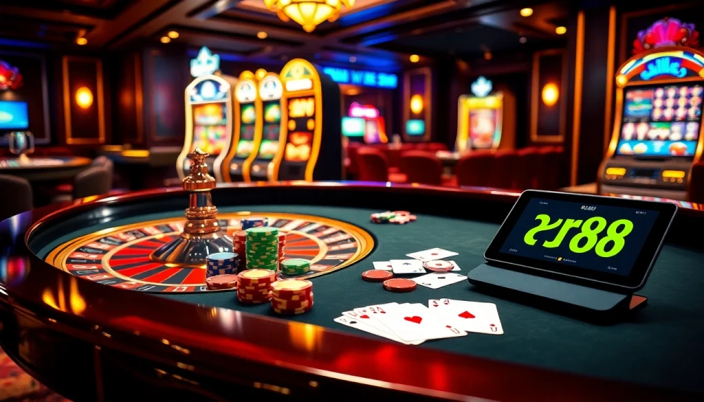 Engaging scene showing roulette and poker chips; link rr88 featured for online gambling excitement.
