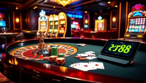 Engaging scene showing roulette and poker chips; link rr88 featured for online gambling excitement.