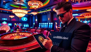 Engaging scene of players at a casino with https://jun886.dev/ shown on a tablet, highlighting excitement in gambling.