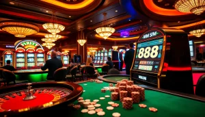 Exciting casino atmosphere with MM 88 slot machines and vibrant gaming tables.