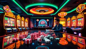 Experience the excitement of a Mahjong slot demo with vibrant graphics and thrilling gameplay in a bustling casino setting.