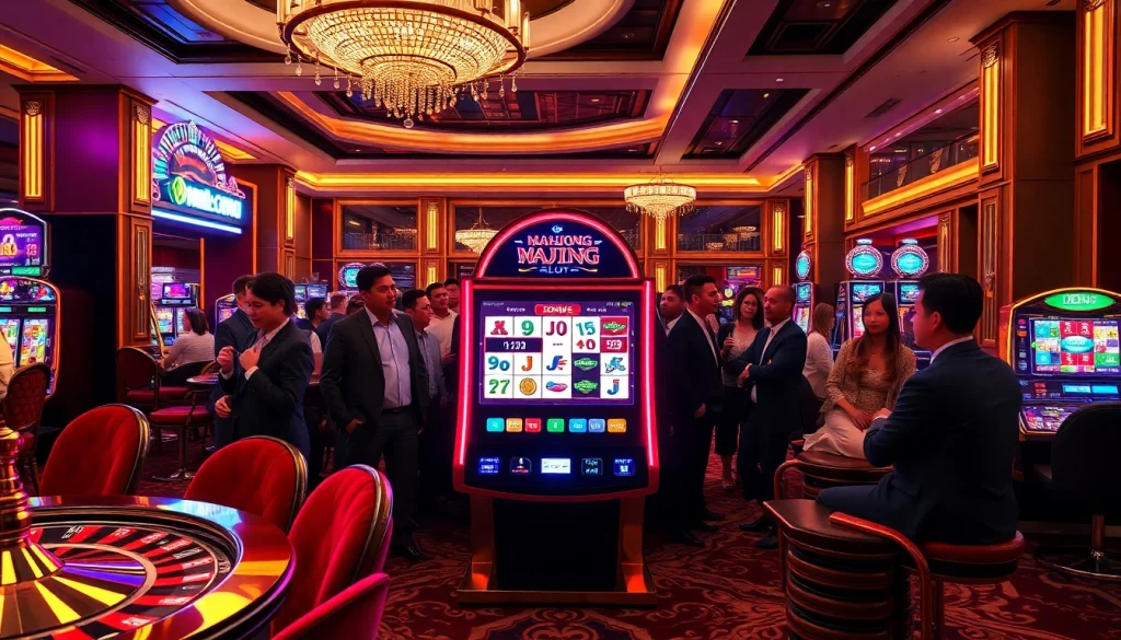 Players enjoying the mahjong slot demo in a vibrant casino setting with an elegant atmosphere.