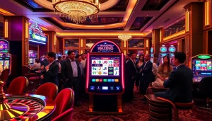 Players enjoying the mahjong slot demo in a vibrant casino setting with an elegant atmosphere.