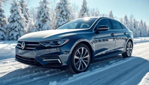 Winter car protection Chattanooga featuring a gleaming car in a snowy environment.