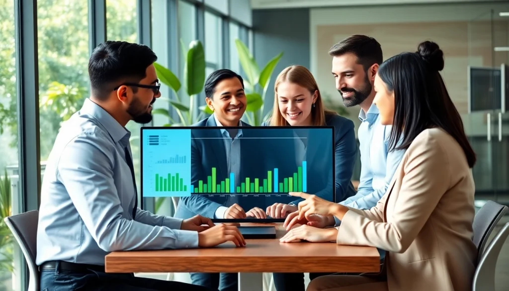 Collaborative team analyzing growth strategy trends during a business meeting.