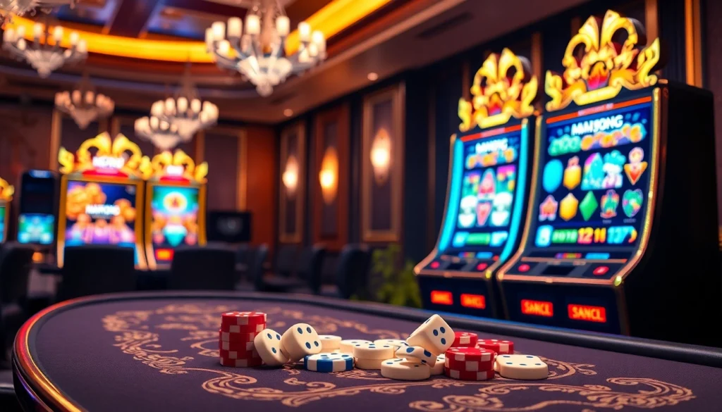 Berinteraksi dengan demo Mahjong slot yang menarik dengan mesin slot berwarna-warni dan nuansa kasino.