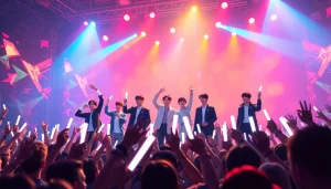 BTS news: Exciting live concert with members performing energetically under bright stage lights.