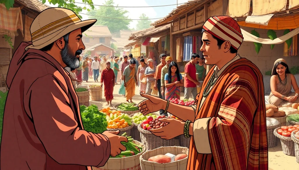 Understanding traditional economy definition simple through a vibrant barter market scene.