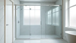 Showcasing elegant glass shower doors reflecting light in a modern bathroom environment.