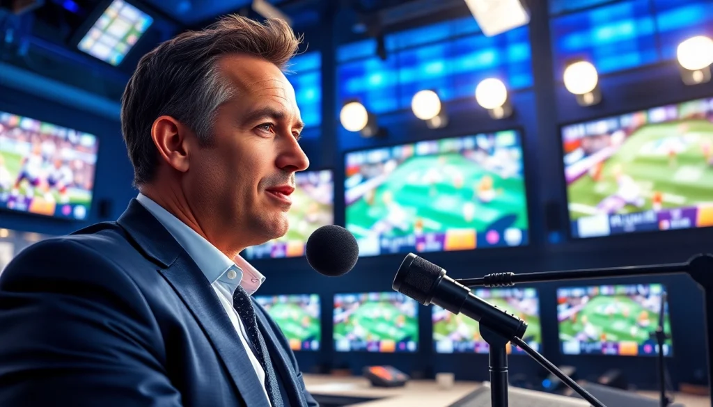 Engaging sports broadcasting scene featuring a broadcaster in a vibrant studio environment.