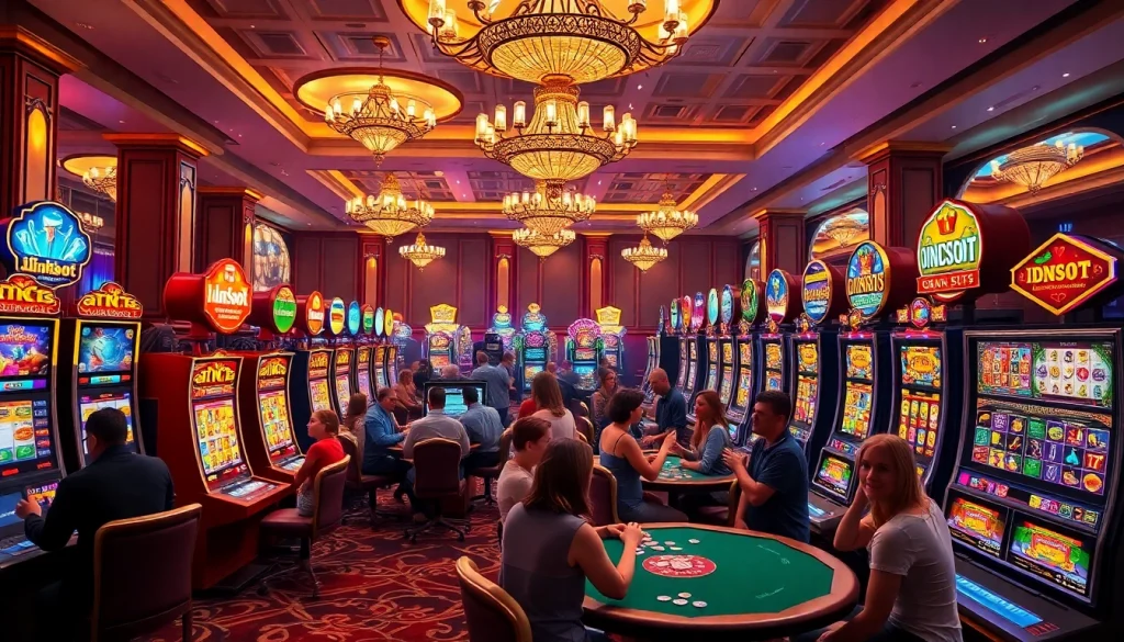 Epic gaming moment at idnslot with vibrant slot machines and excited players.