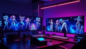 AI NSFW image generation interface with vibrant characters and modern tech setup.