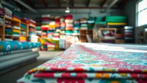 Bekijk bedrukte katoenen stoffen met kleurrijke patronen in een atelier omgeving.