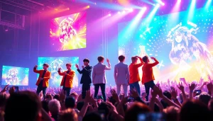 BTS news performance scene showcasing members on stage with vibrant lighting and a cheering crowd.