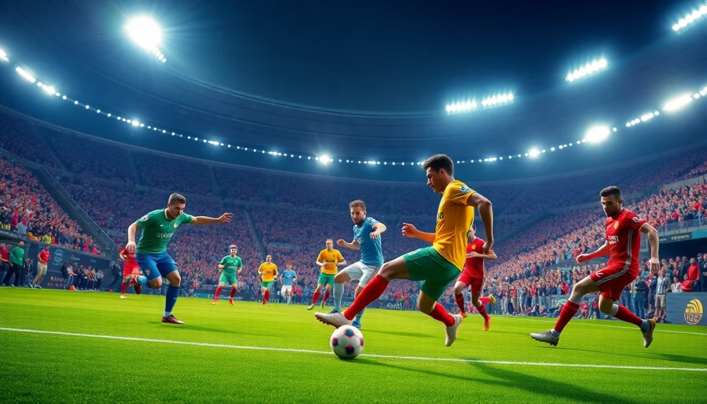 Watch a thrillingโปรแกรมบอล moment with players in action at a lively stadium.