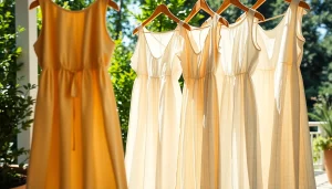 Linnen jurken in stijlvolle zomeromgeving, perfect voor elke gelegenheid.