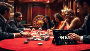 Players strategizing a high-stakes poker game at a luxurious casino, inspired by https://ww88.cards/.