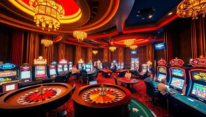 A vibrant casino scene showcasing players at poker tables and slot machines at https://jun88.buzz/, filled with excitement and luxury.