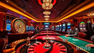 Players enjoying exciting games at RR88 Casino with vibrant slot machines and roulette wheel.