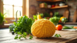Explore a kitchen loofah on a rustic counter, surrounded by fresh vegetables and herbs.