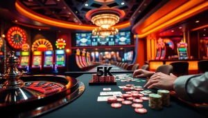 Pemain yang melakukan deposit 5k di meja kasino dikelilingi mesin slot berwarna-warni.