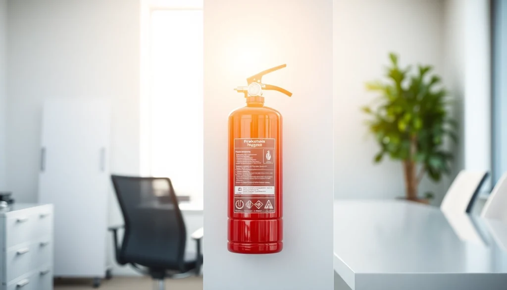 Inspecting an electrical fire extinguisher in a modern office space for safety compliance.