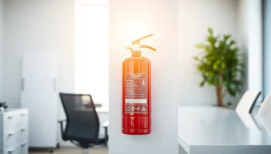 Inspecting an electrical fire extinguisher in a modern office space for safety compliance.