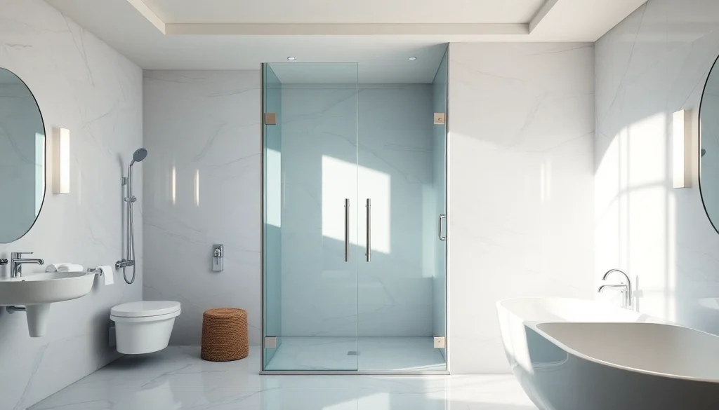 Show modern glass shower doors in a luxury bathroom, emphasizing sleek design and polished surfaces.
