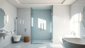 Show modern glass shower doors in a luxury bathroom, emphasizing sleek design and polished surfaces.