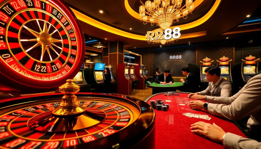 RR88 casino scene featuring vibrant slot machines and roulette action