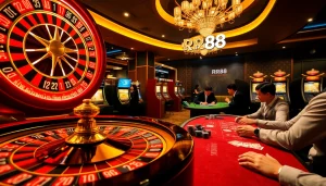 RR88 casino scene featuring vibrant slot machines and roulette action