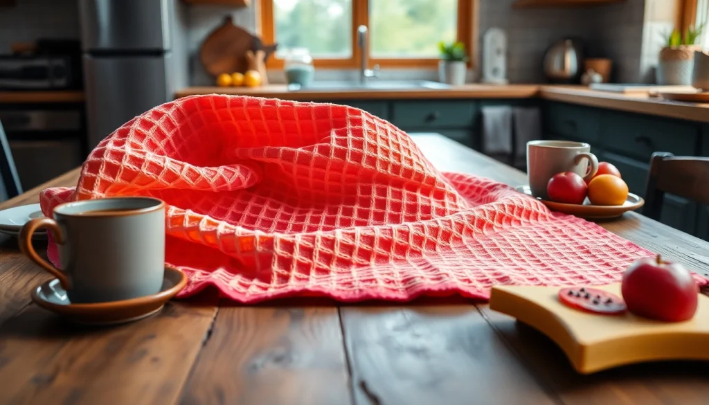 Wafeldoek en een rustieke tafel met een brekfast, stralend in het ochtendlicht.