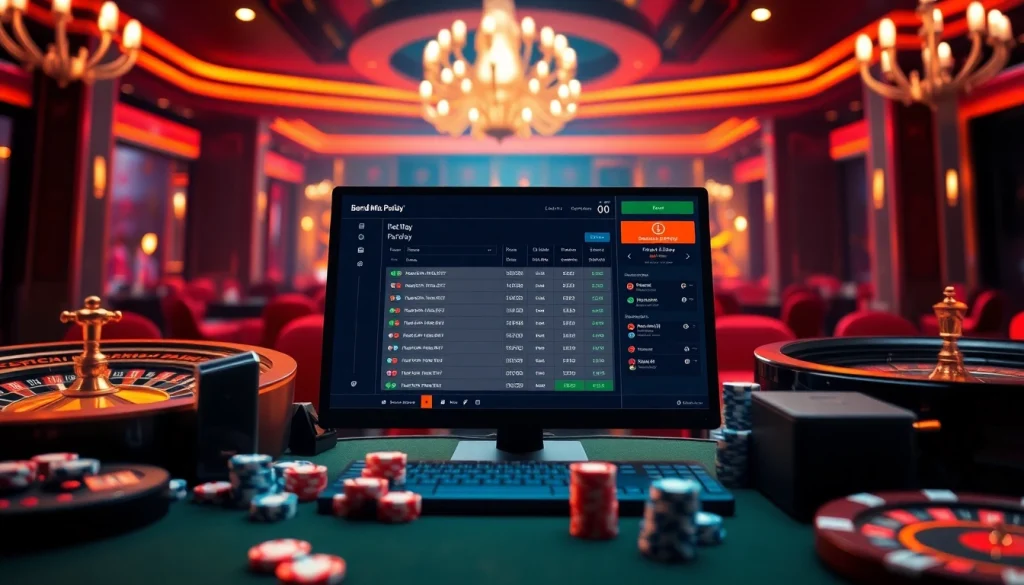 Engaging scene of bandar mix parlay betting with poker chips and roulette wheel.