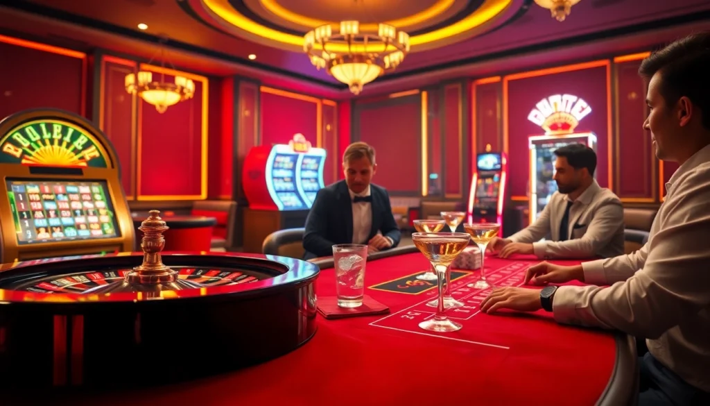 RR88 casino scene showcasing vibrant slot machines and enthusiastic players at the table.