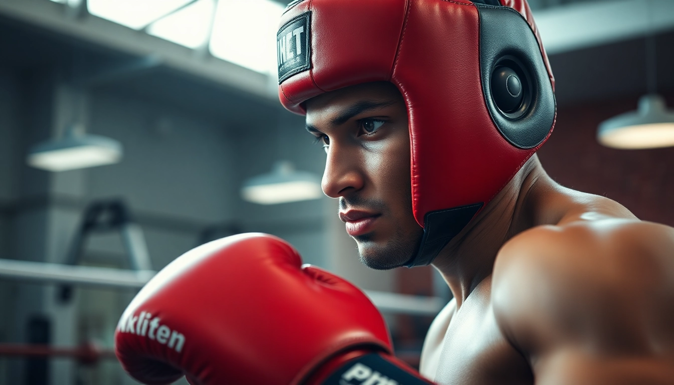 Kämpfer mit hochwertigem headgear boxing im Training für sichere Boxausübung.