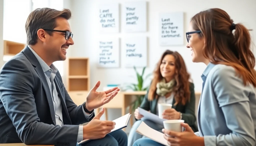 Engaging business coach near me guiding a client in a bright, modern office setting.