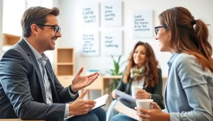 Engaging business coach near me guiding a client in a bright, modern office setting.