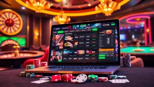 situs bola online betting interface displayed on a laptop surrounded by casino elements like poker chips and dice