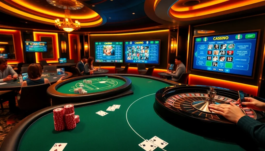 Scène excitante représentant le meilleur casino en ligne France avec des tables de poker vibrantes et des joueurs engagés dans des jeux en ligne.