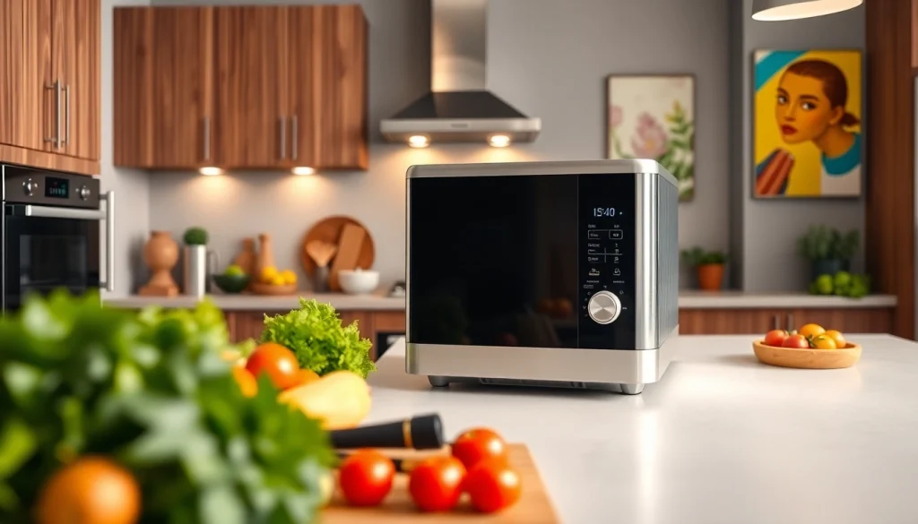 Showcasing an affordable appliance in a modern kitchen with vibrant fresh ingredients.