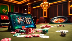 Scène de table engageante représentant le meilleur casino en ligne France avec des jetons de poker, des cartes et des gadgets technologiques.