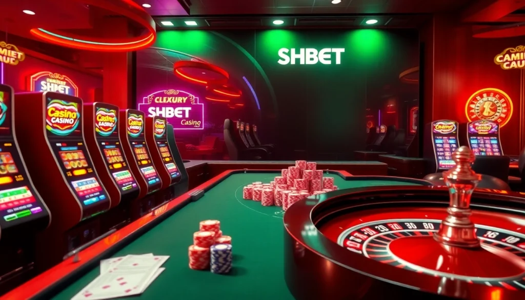 Experience the excitement of online gaming at SHBET, featuring vibrant casino tables and immersive slot machines.