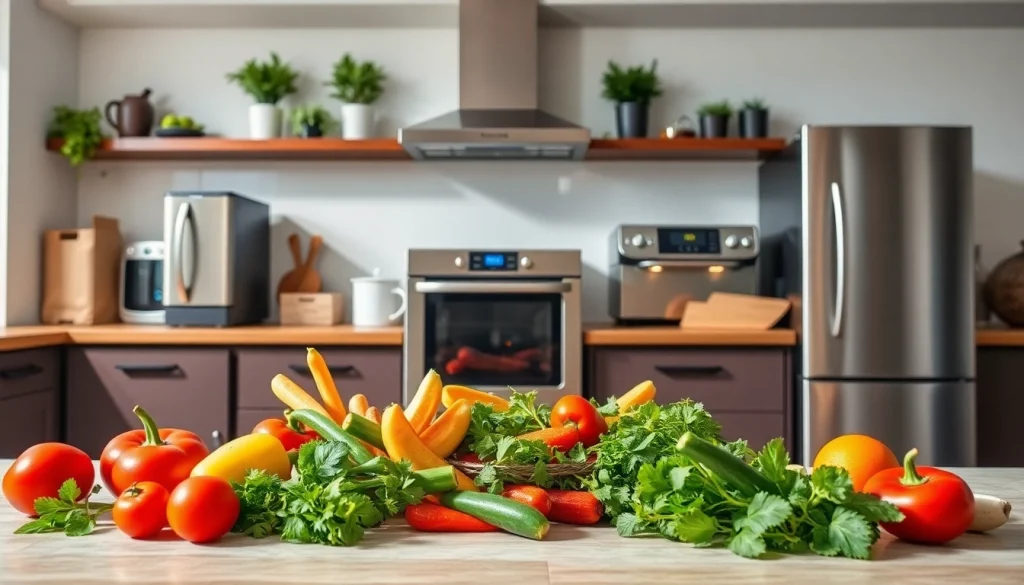 Showcase of modern home appliances in a contemporary kitchen, highlighting functionality and design.