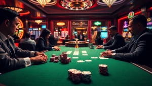 Un moment palpitant au meilleur casino en ligne France avec des joueurs engagés dans des parties de poker à enjeux élevés et des éléments de jeu vibrants.