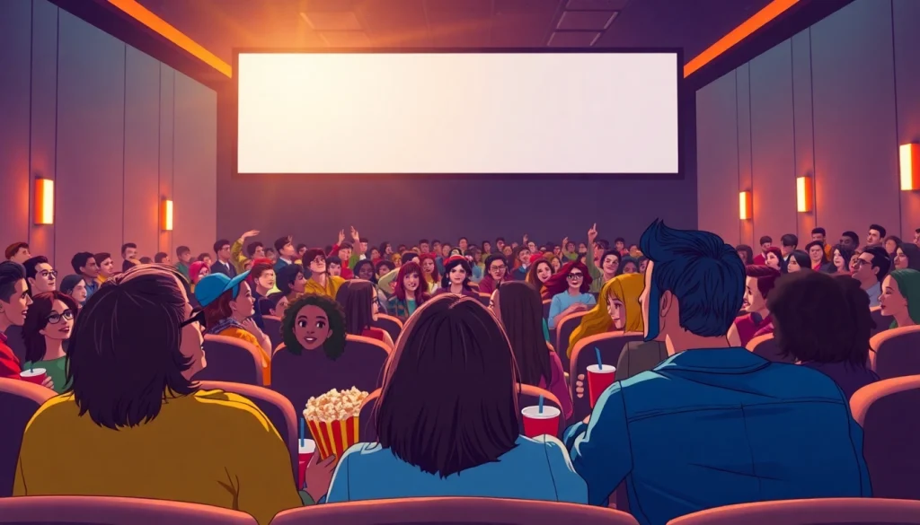 ดูหนังในโรงภาพยนตร์ที่เต็มไปด้วยผู้ชมที่ตื่นเต้น