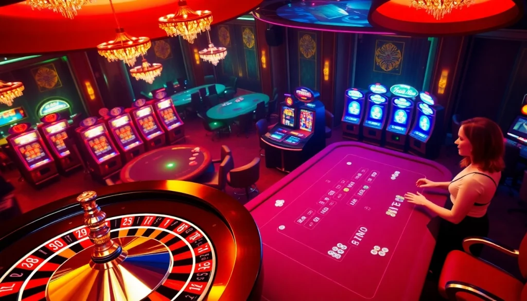 Le frisson du meilleur casino en ligne France, présentant une scène de casino animée avec des joueurs aux tables de roulette et de poker.