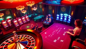 Le frisson du meilleur casino en ligne France, présentant une scène de casino animée avec des joueurs aux tables de roulette et de poker.