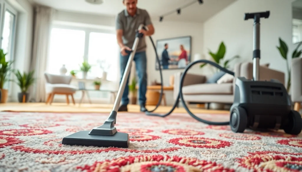 Observe the best carpet cleaning company at work, featuring a technician cleaning a vibrant carpet in a bright living room.